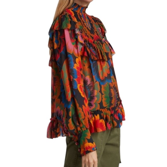 FARM RIO Flowers Smocked Ruffle Detail Floral Blouse Size S - Picture 4 of 12